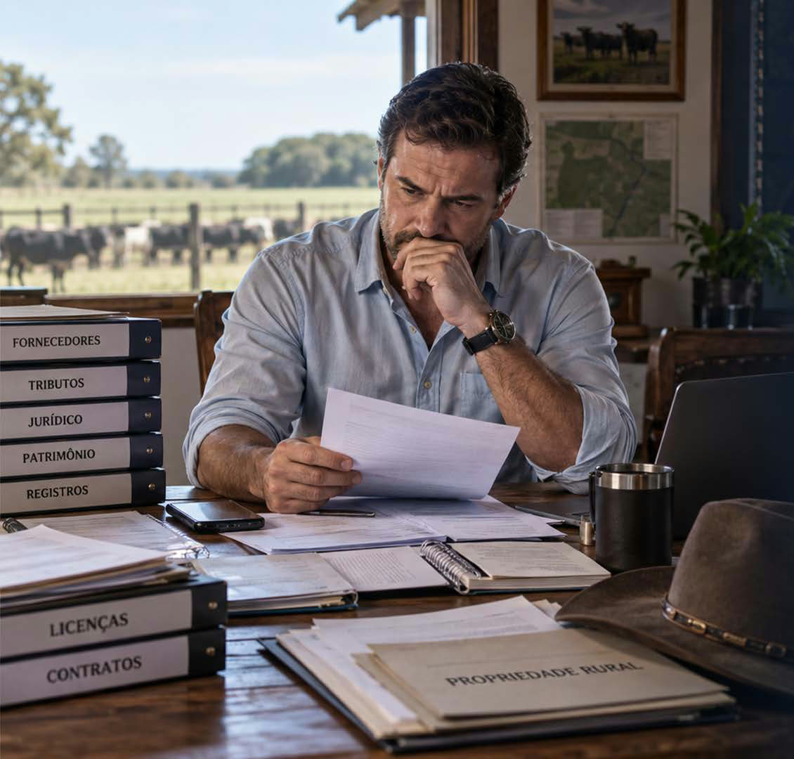 Produtor rural analisando documentos da propriedade em seu escritório